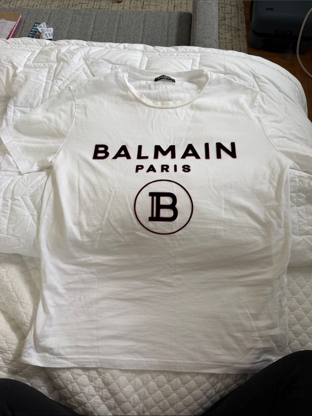 Balmain White Short-Sleeve Logo Tee with Black and Burgundy Print